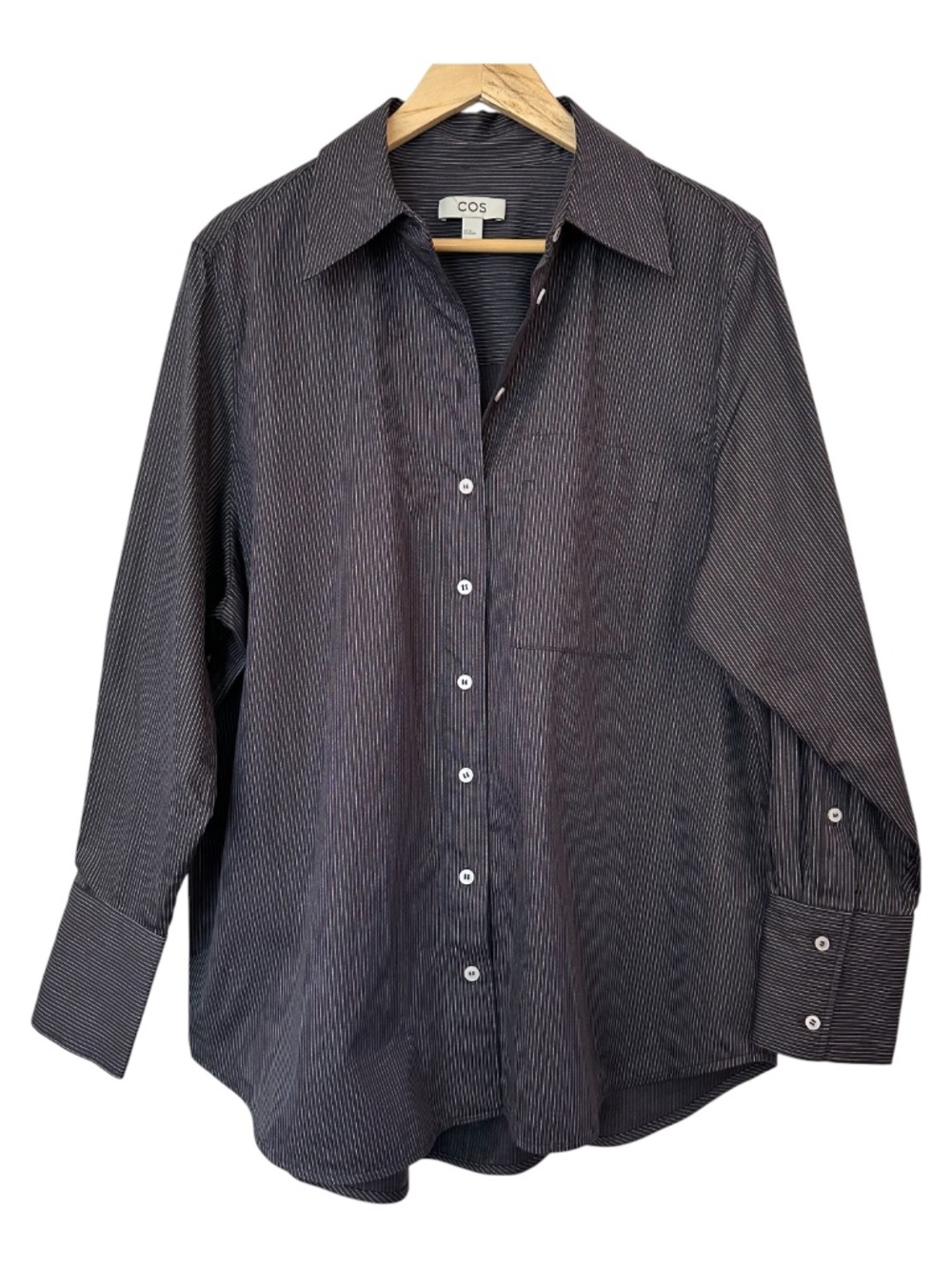 COS Black Pinstripe Shirt Cotton Button Down Blouse Pocket US 12-14 Corporate